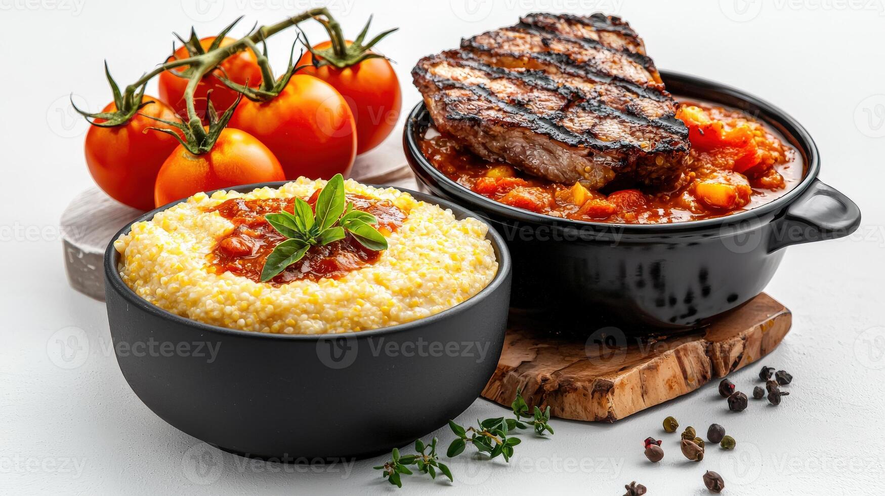 Two bowls of couscous and a steak with tomatoes photo