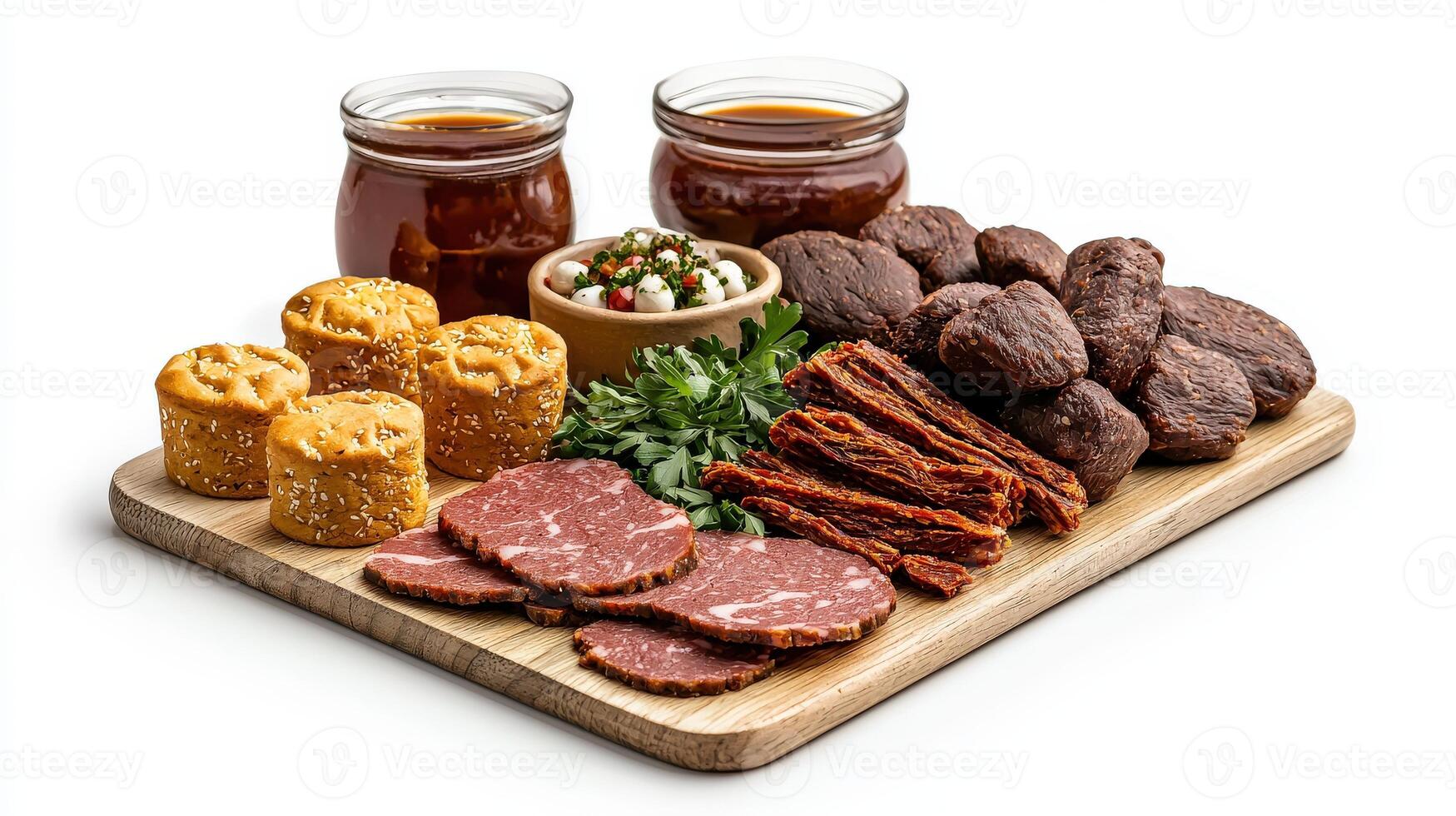 A wooden tray with meat, bread and other food photo