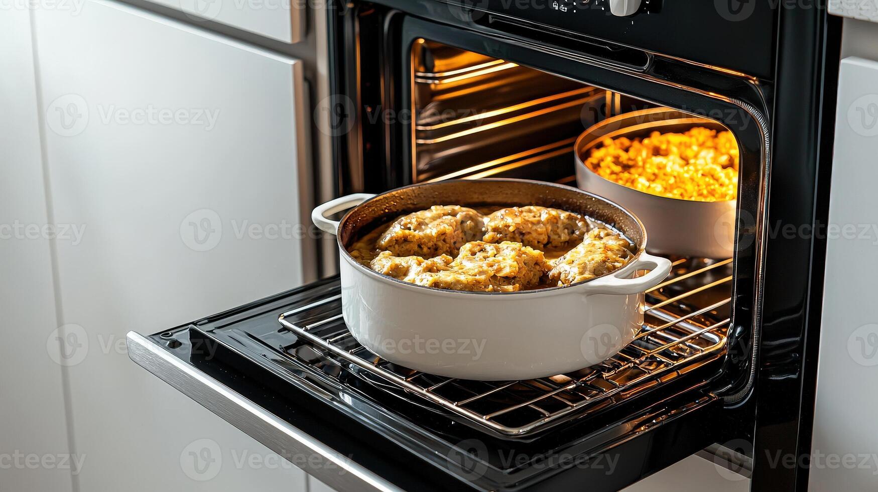 A pot of food cooking in an oven photo