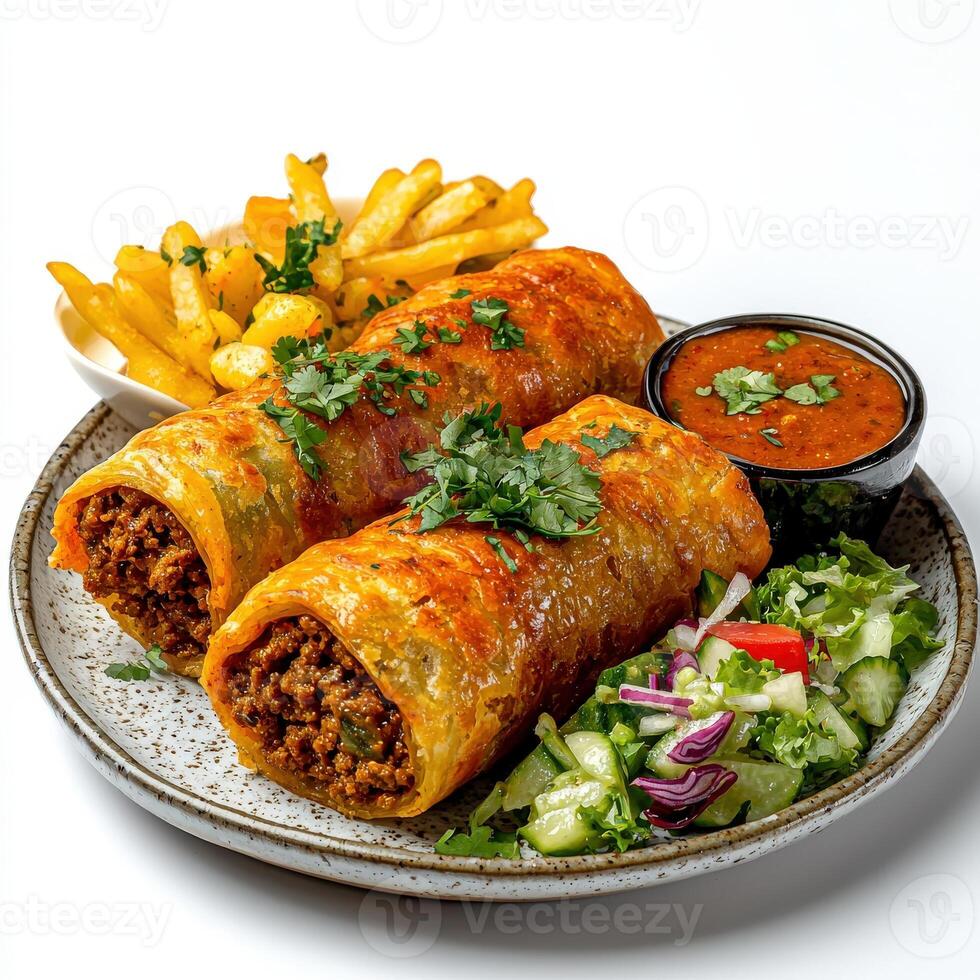 A plate of food with two burritos and french fries photo