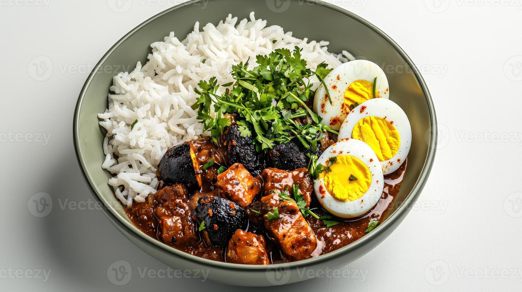 Chicken curry with rice and boiled eggs in a bowl photo