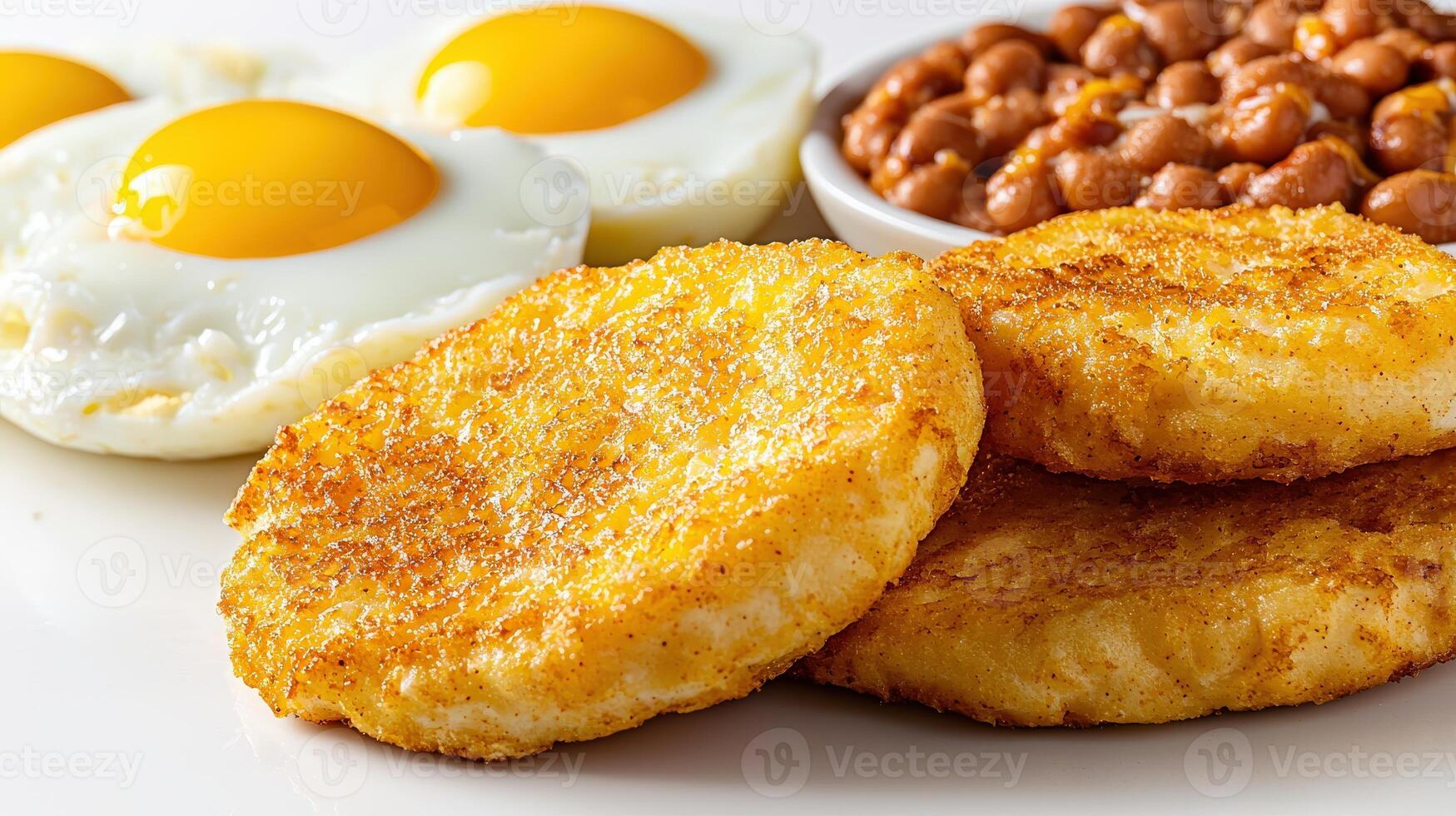 A plate of food with fried eggs, beans and hash browns photo