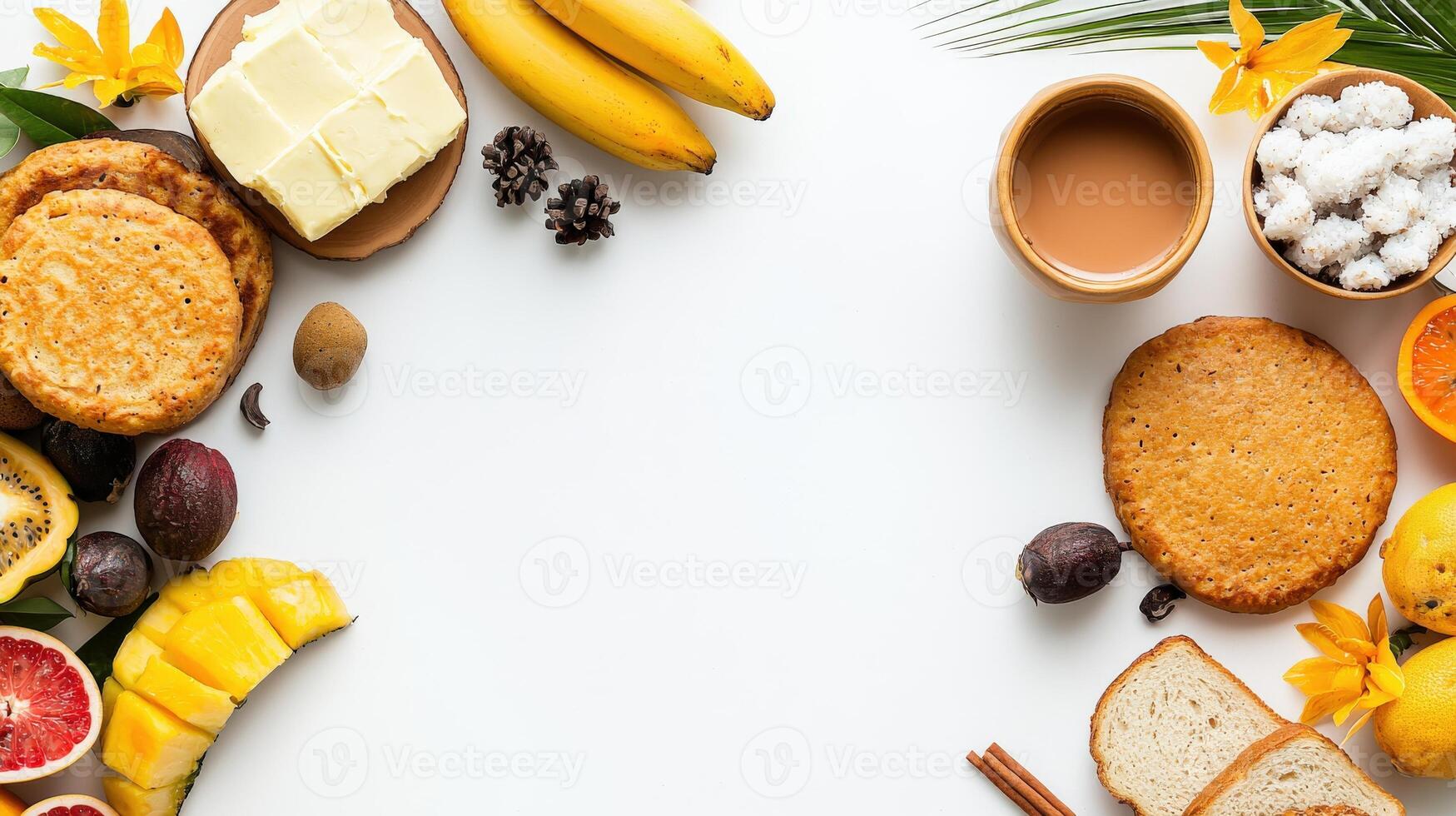 Various fruits and vegetables arranged around a white table photo