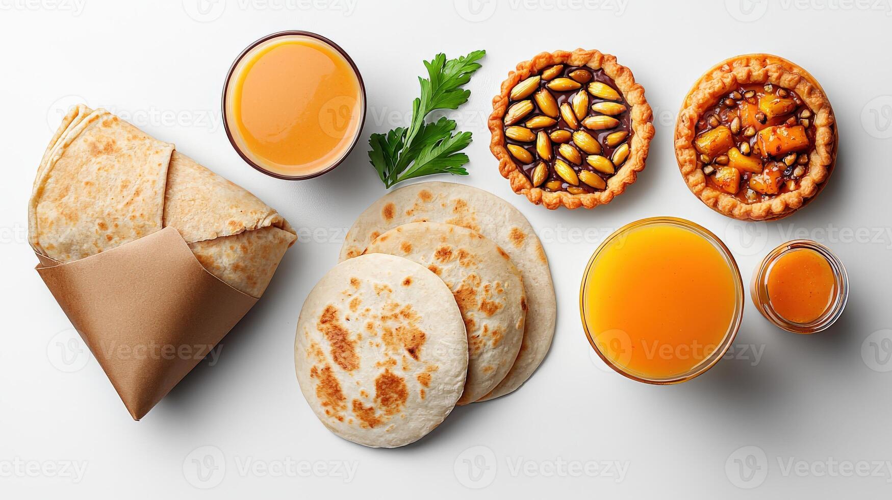 Various types of food including bread, cheese, and orange juice photo