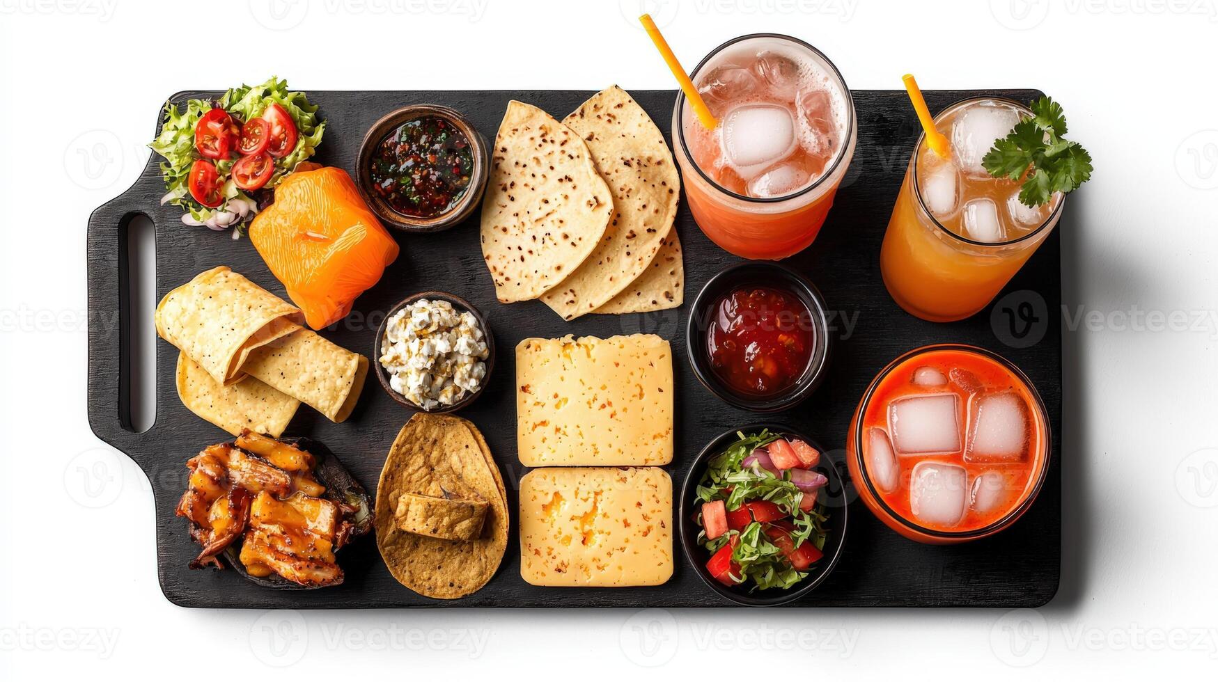 A tray with various drinks and snacks on it photo
