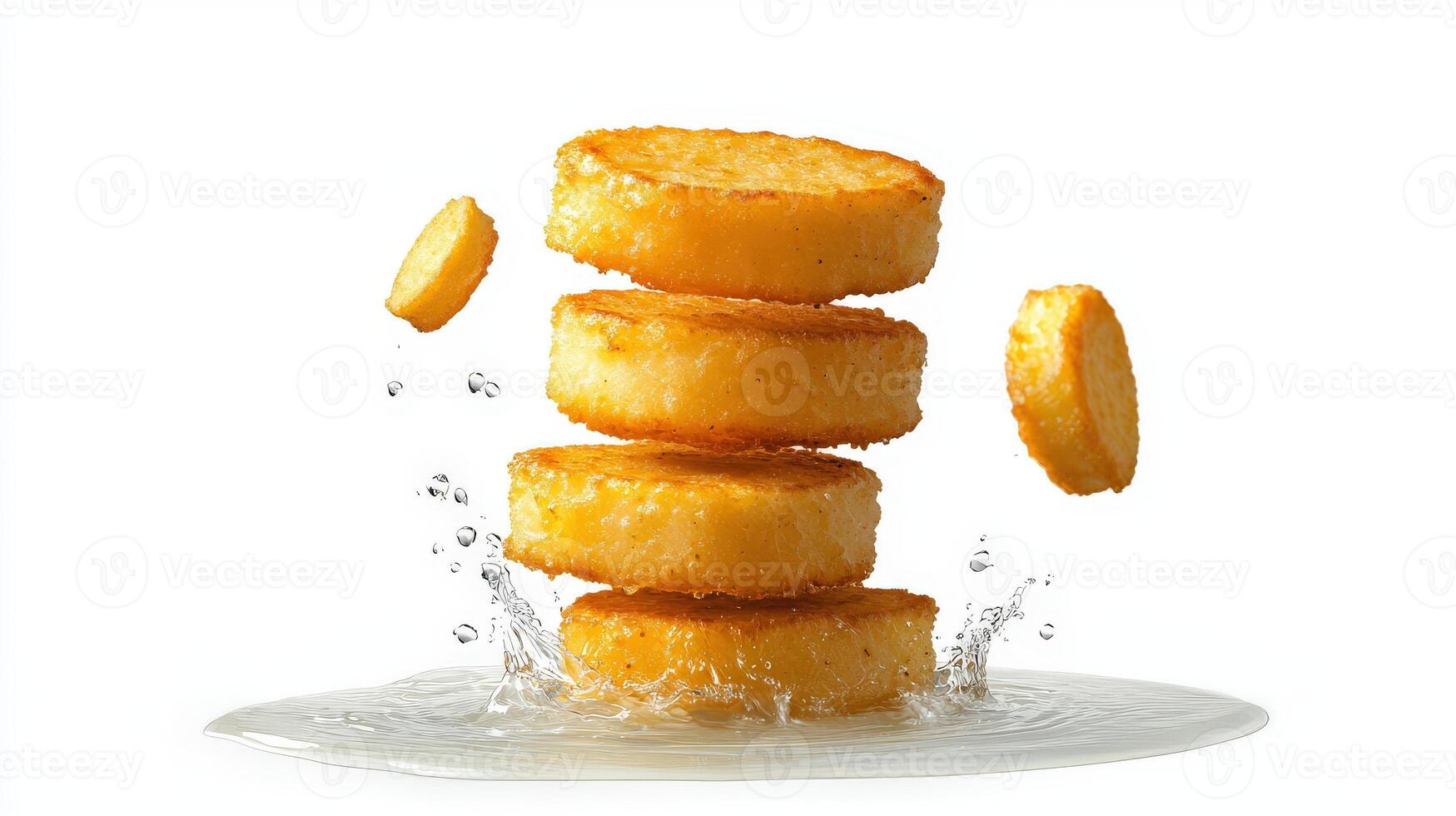 A stack of fried potatoes being tossed in water photo