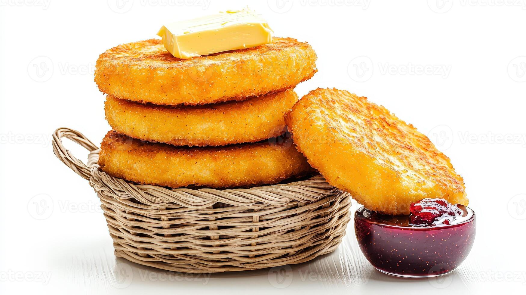 A basket with a stack of pancakes and a jar of jam photo