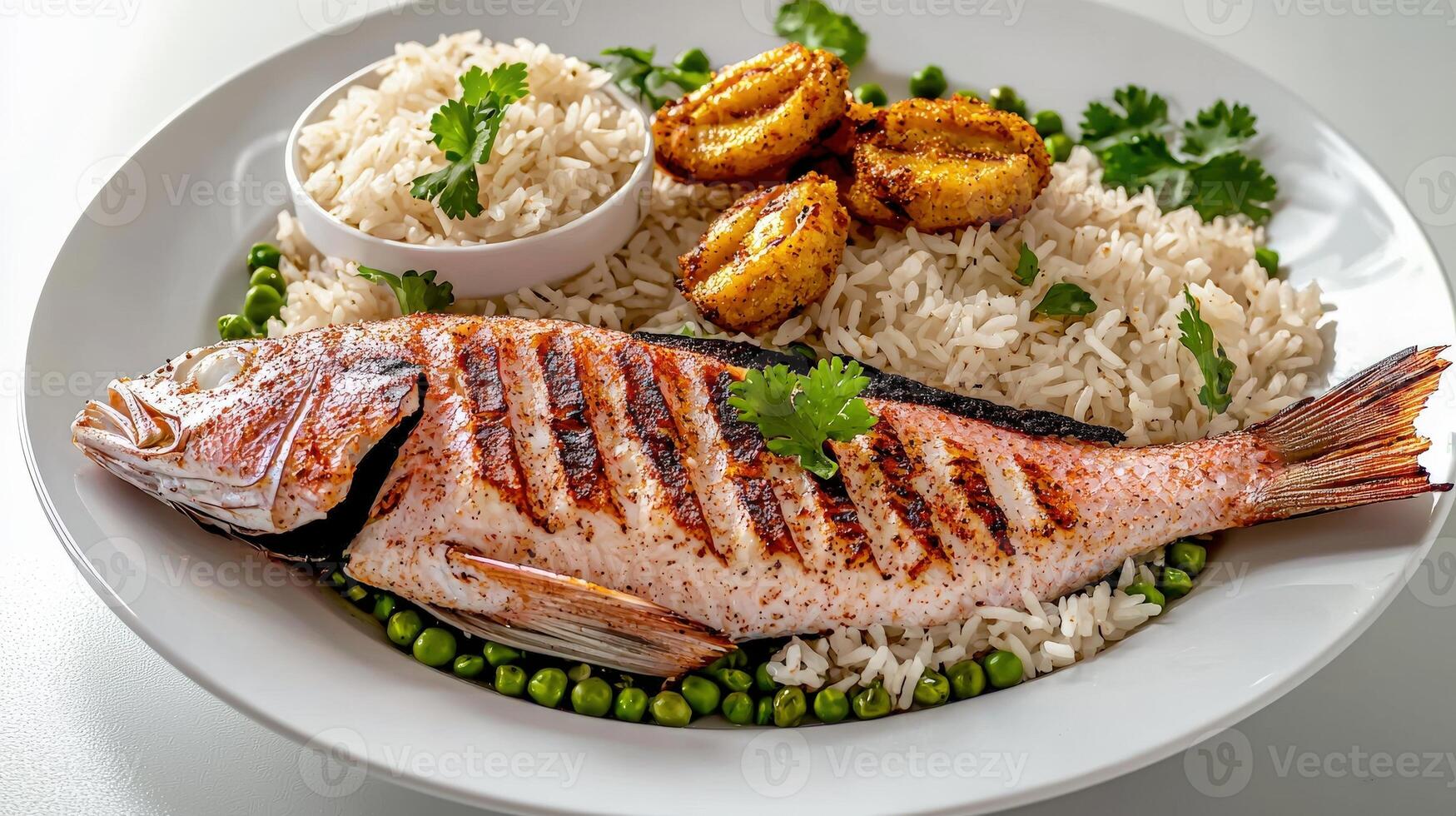 A plate of fish and rice with peas and a side dish photo