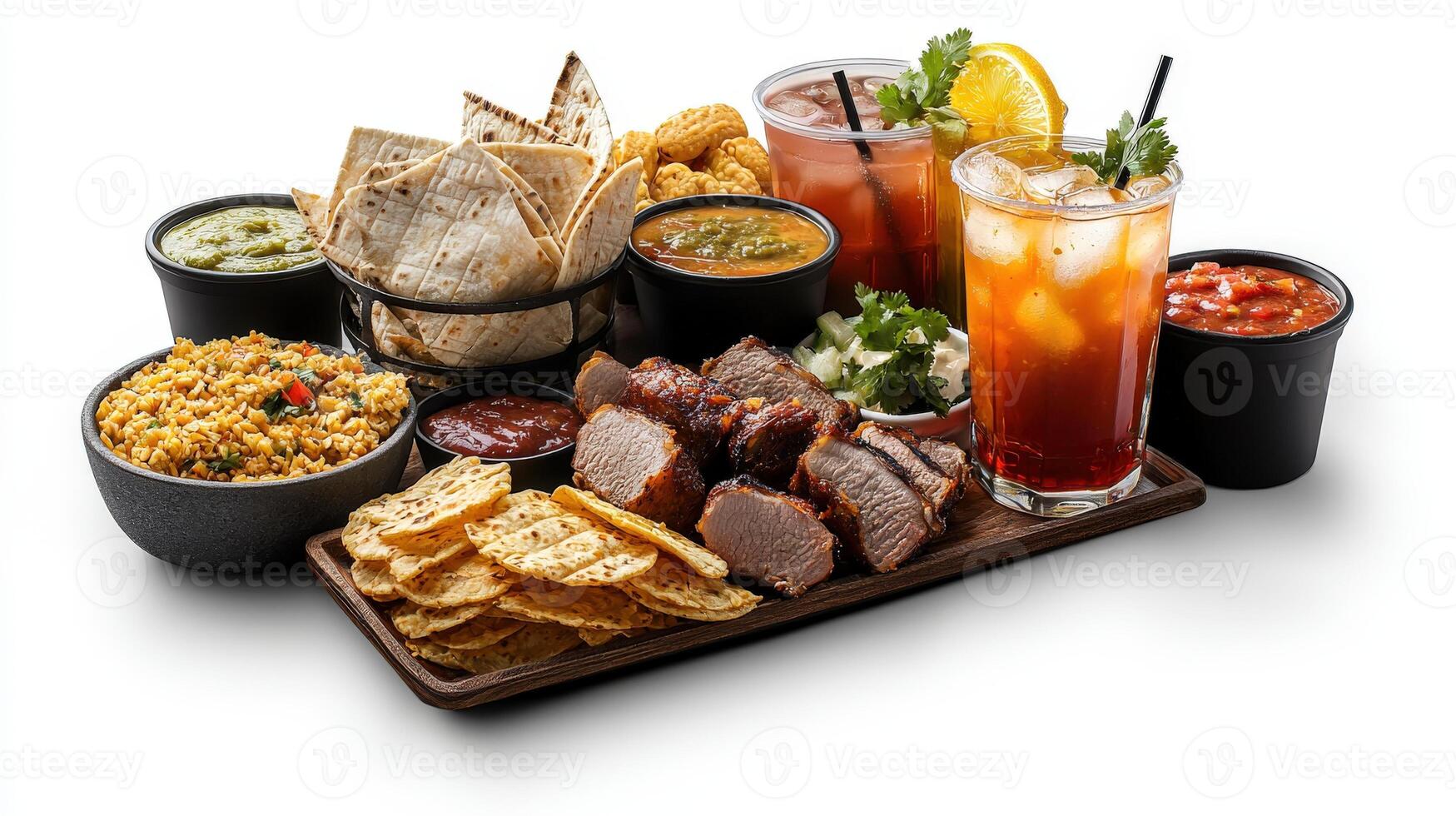 A tray of food with drinks and chips photo