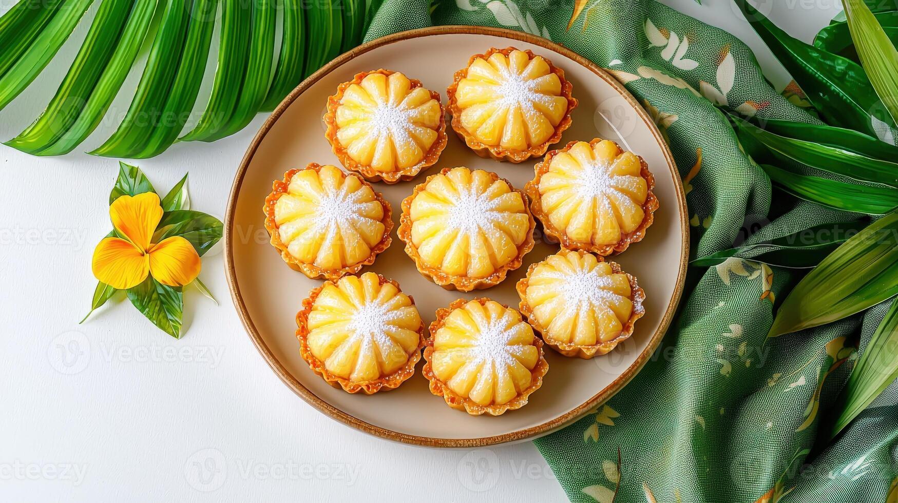 A plate of lemon meringue tarts on a green cloth photo