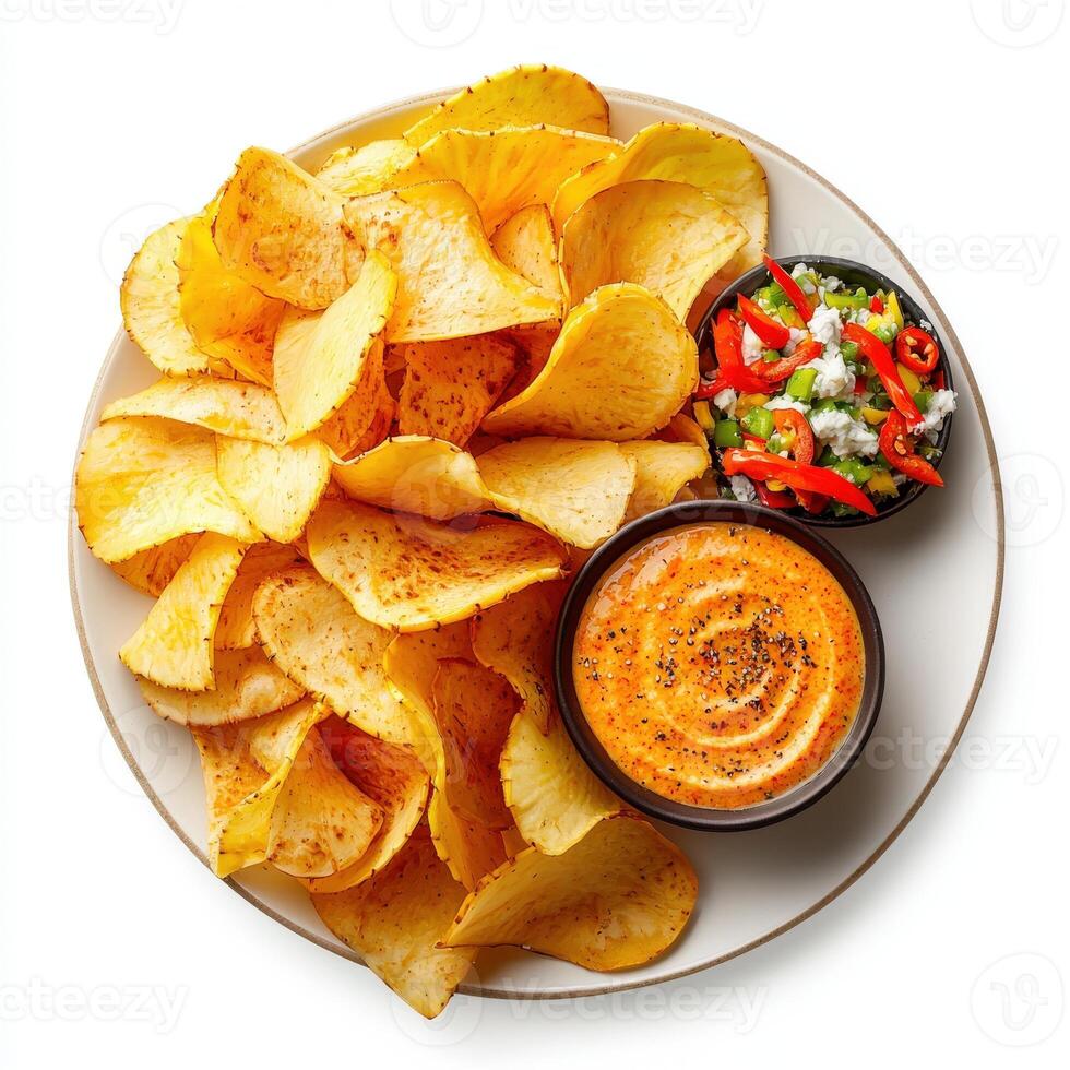 A plate with chips and dip on it photo