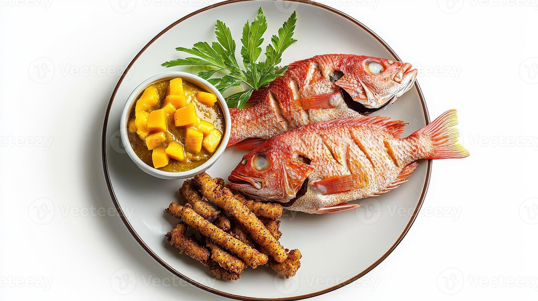 A plate with two fish and some vegetables photo