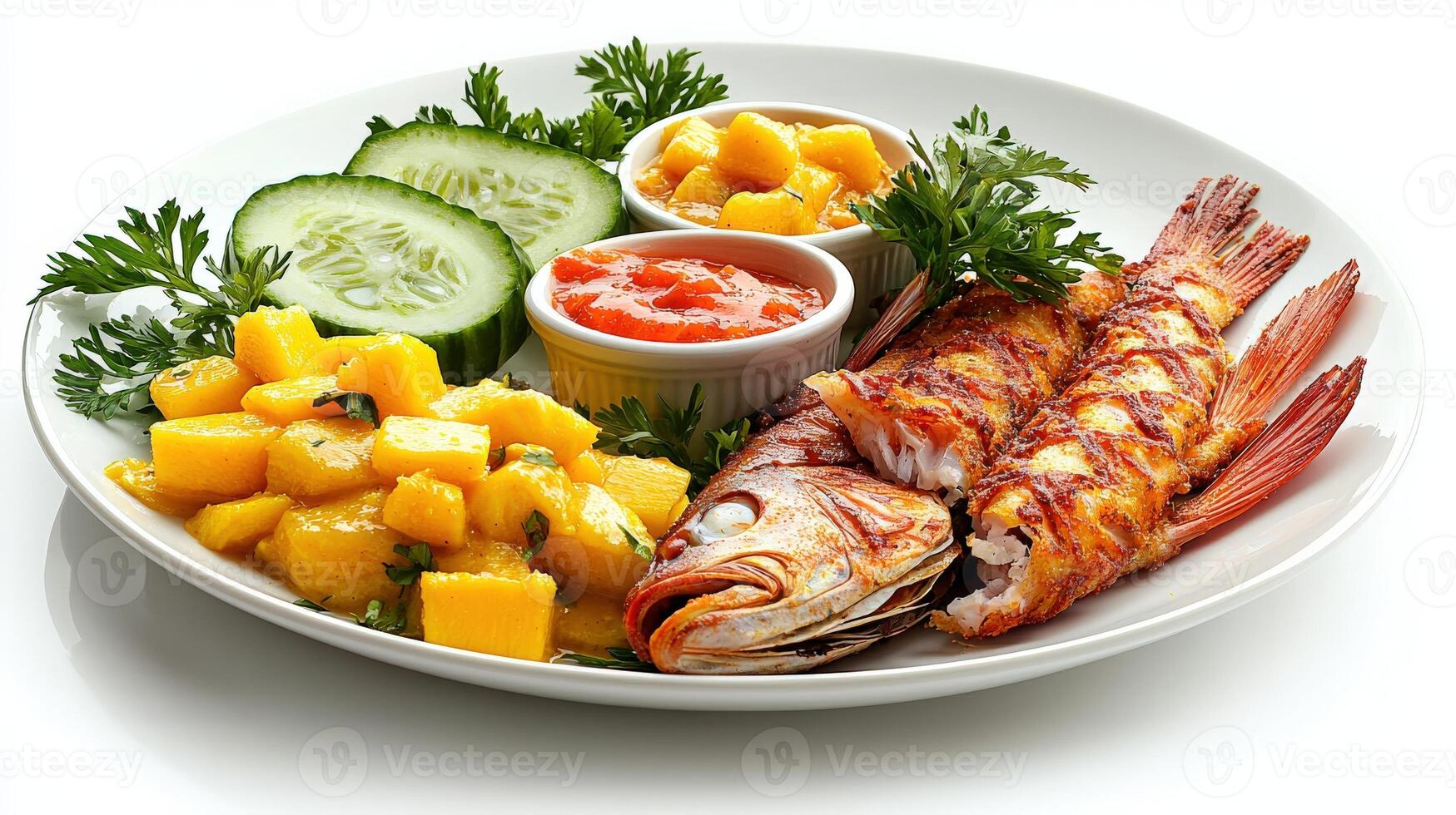 A plate of food with shrimp, mango, and cucumber photo