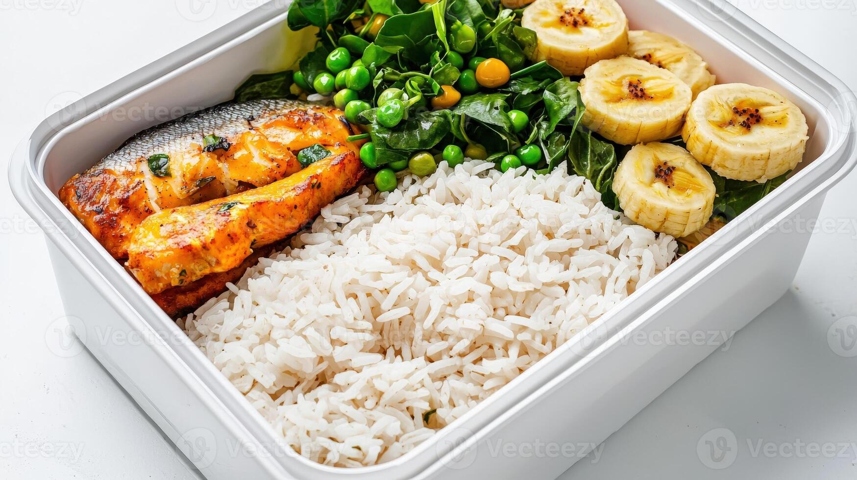 A white container with rice, vegetables and bananas photo