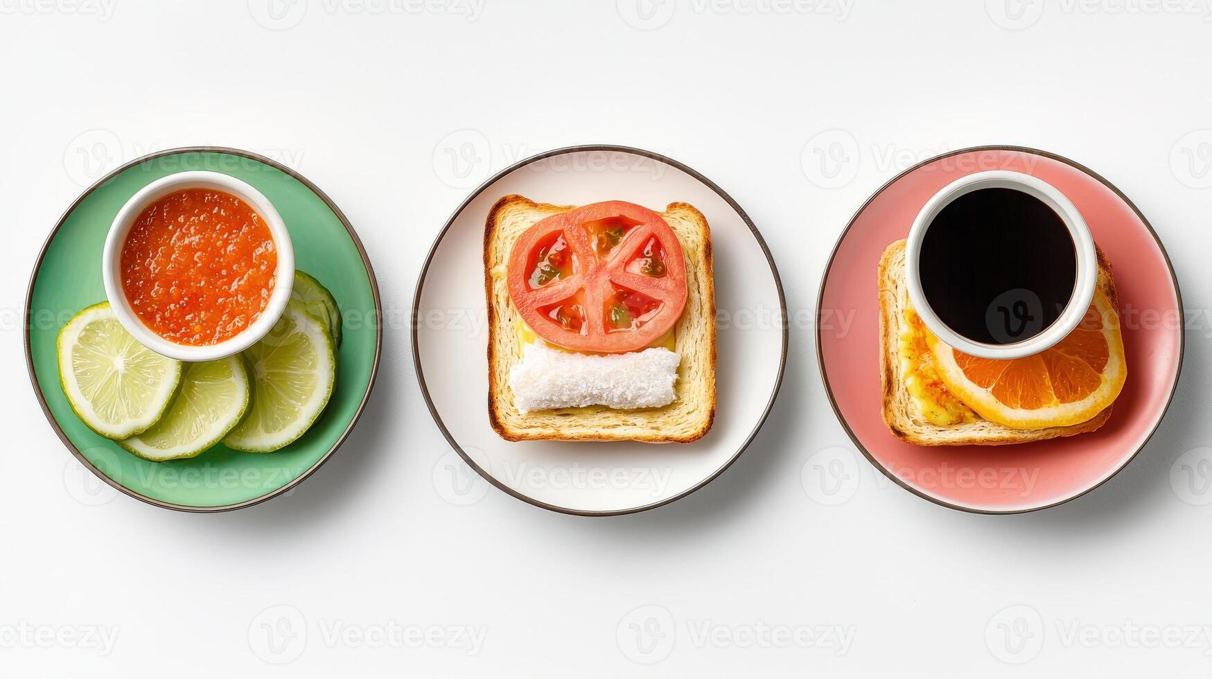 Three plates with sandwiches, tomato slices and a cup of coffee photo