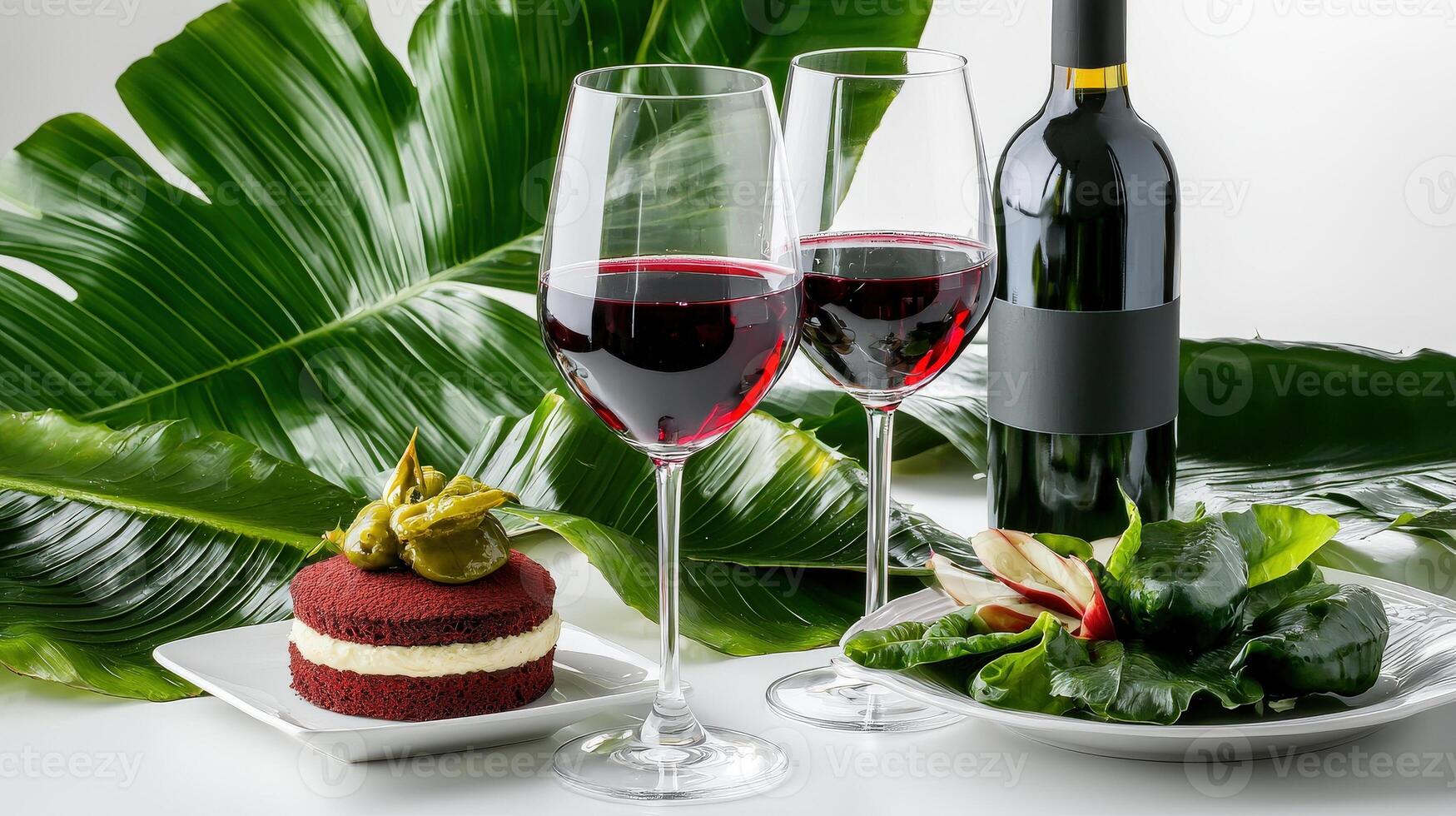 Two glasses of red wine and a cake on a table photo