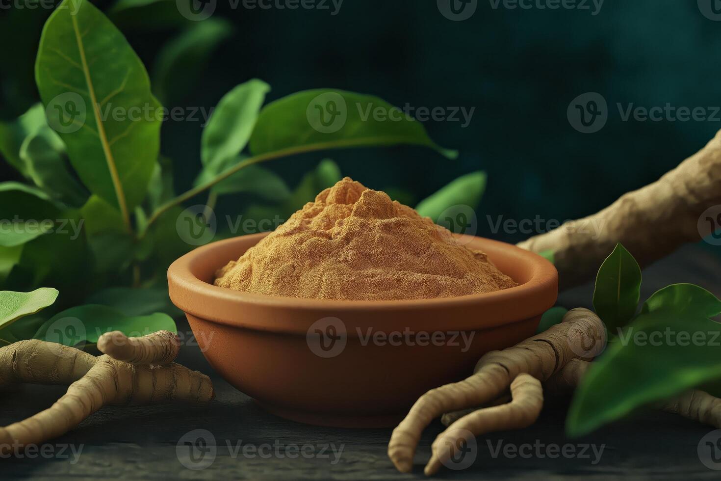 Ashwagandha Powder in Bowl with Roots and Leaves - Herbal Supplement photo