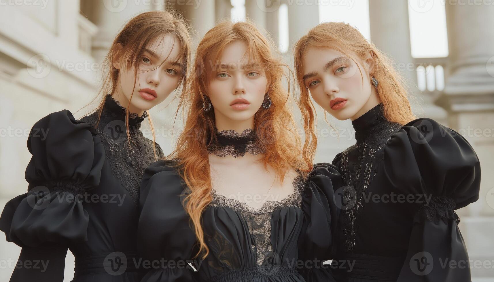 Renaissance Portrait of Three Young Women in Vintage Black Dresses photo