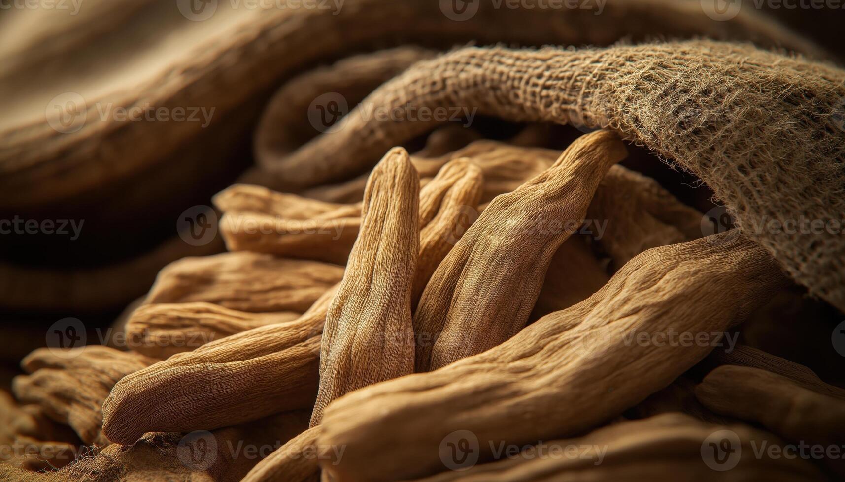 Dried Ashwagandha Roots with Burlap in Rustic Setting - Herbal Remedy photo