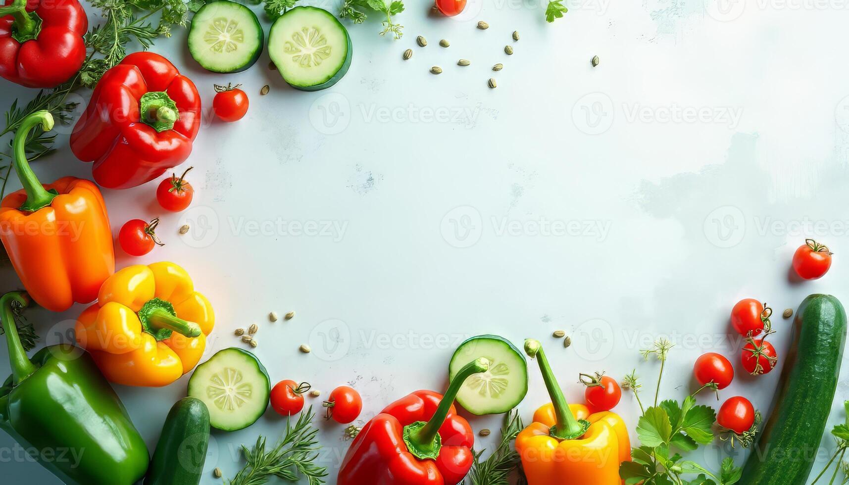 Fresh Vegetables Food Photography Background with Peppers and Cucumbers photo