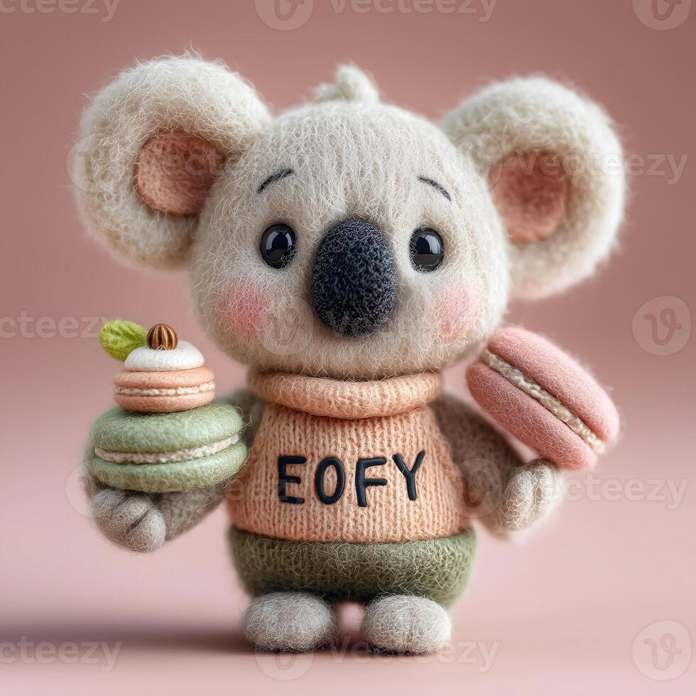 Knitted Koala Toy with Macaron Text End of Financial Year photo