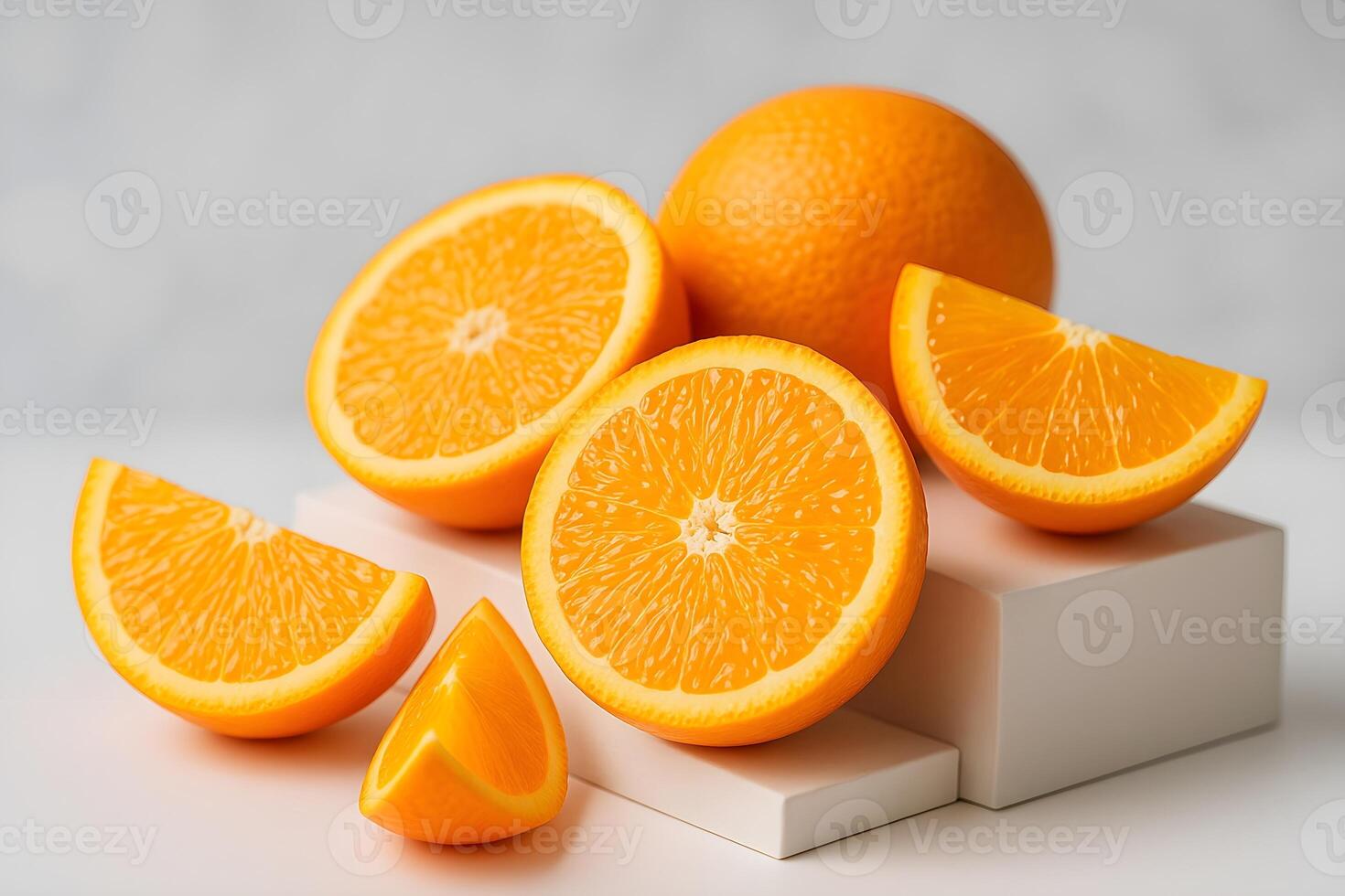 Bright and juicy sliced oranges arranged on a white square podium against a light gray background photo