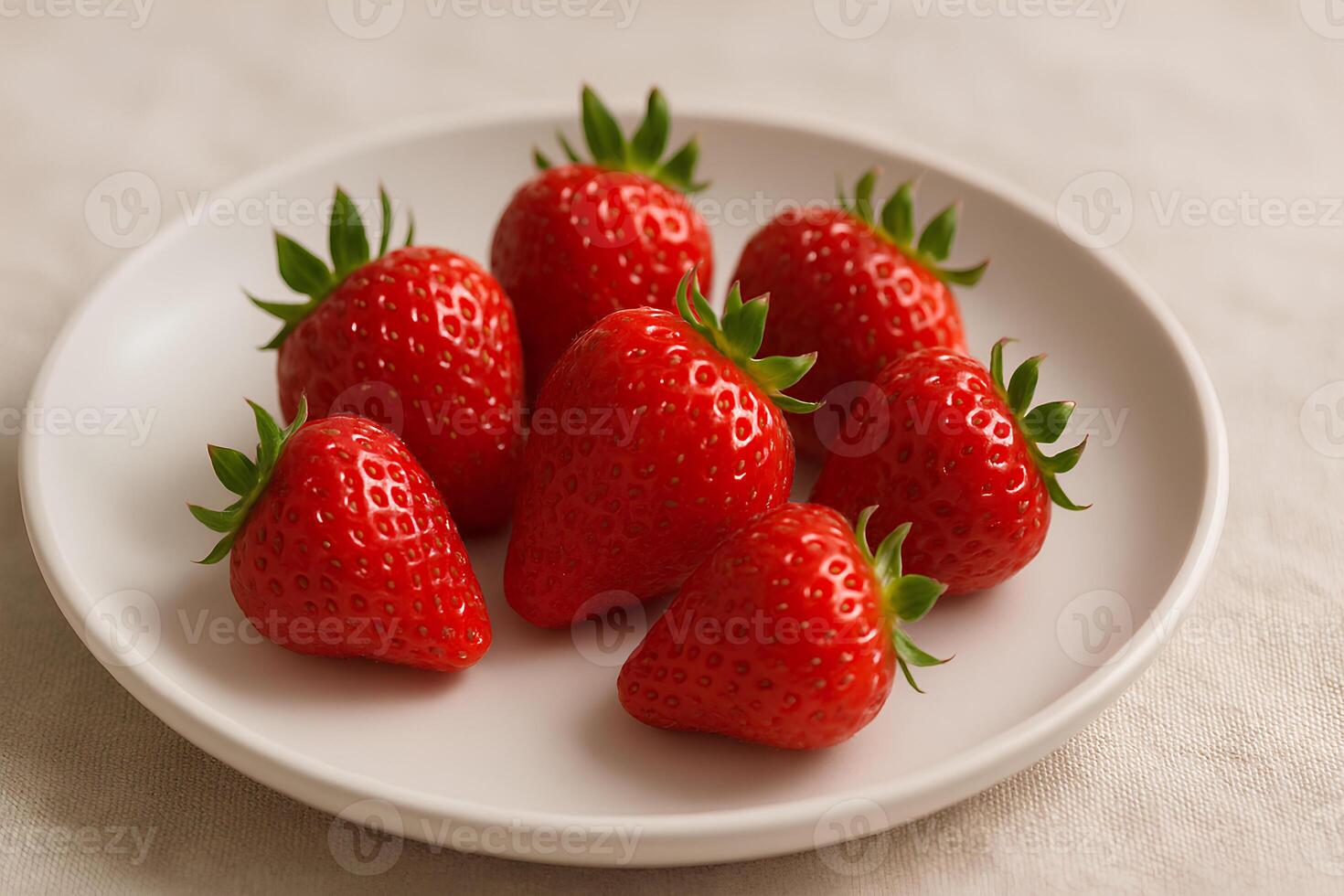 Bright red strawberries placed on a matte white ceramic plate over a light beige linen background. photo
