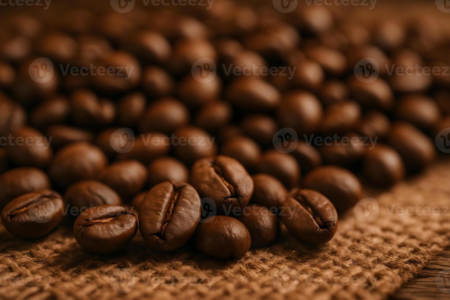 Close-up of coffee beans laid out on a burlap or wooden surface. Rich brown tones, soft light with an emphasis on the texture of the beans. photo