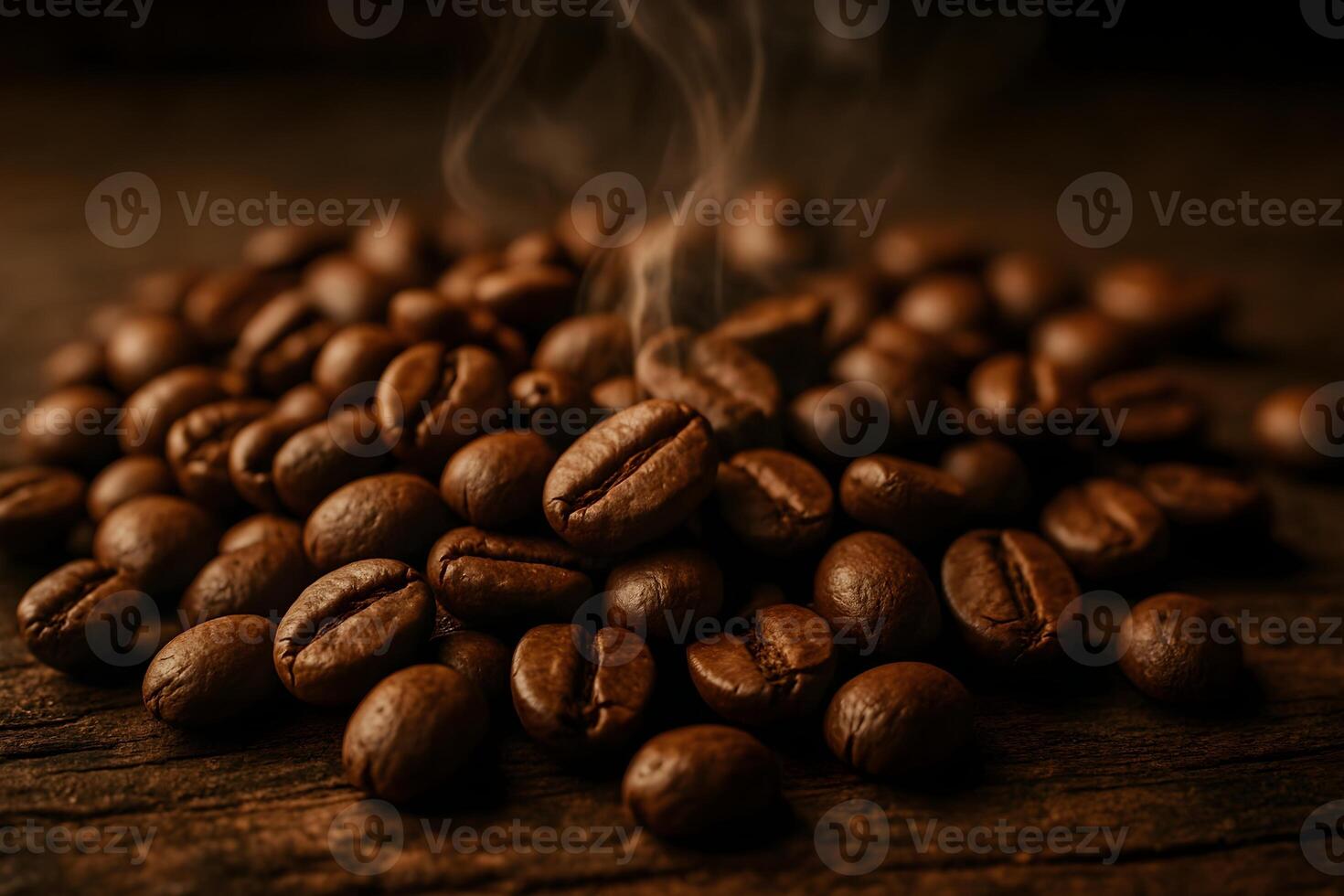 Close-up of roasted coffee beans scattered on a rustic wooden surface. Soft steam rising above them to suggest warmth and aroma. photo