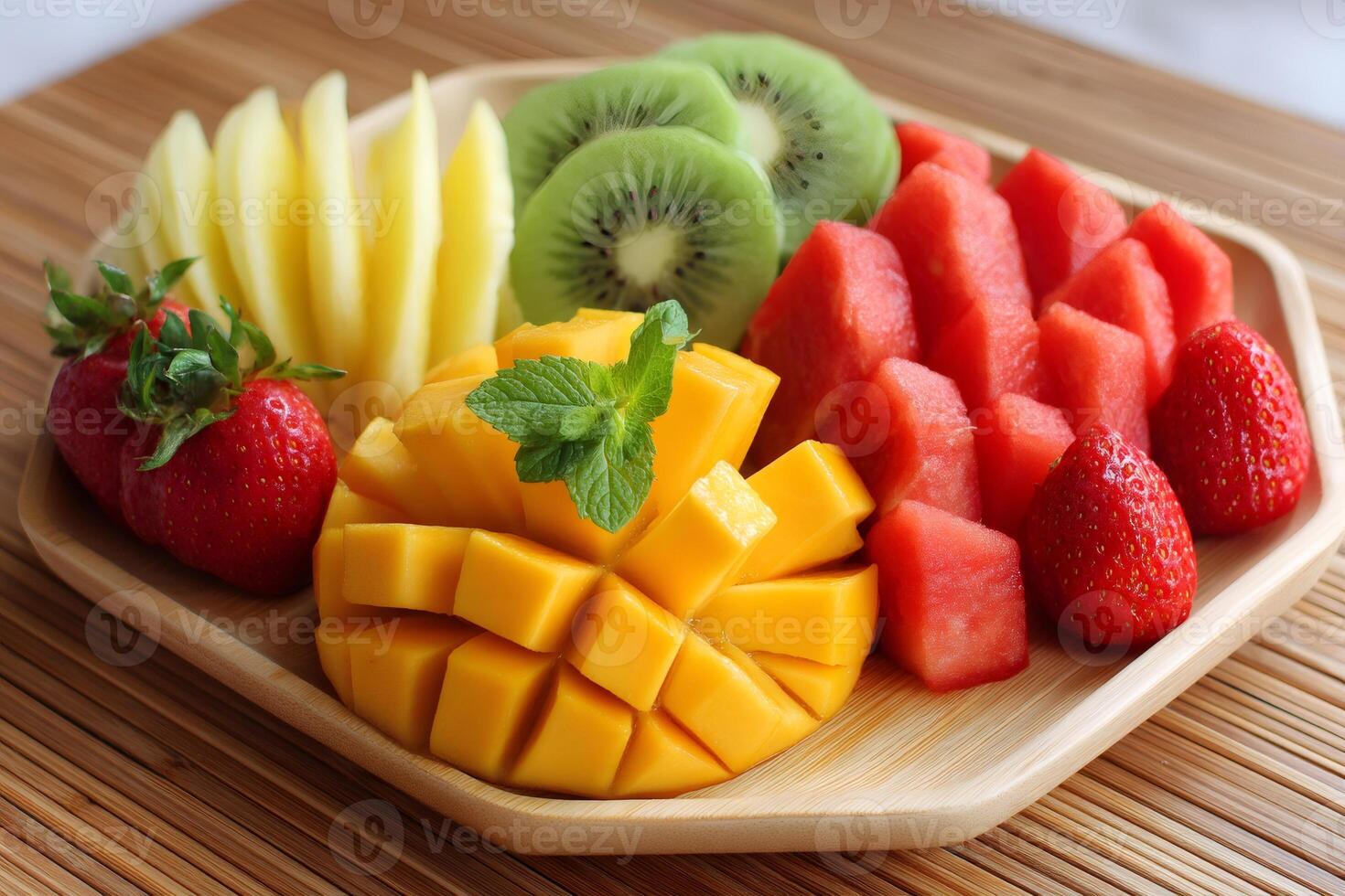Sliced mango, kiwi, pineapple, strawberries and watermelon decorated with mint on wooden tray photo