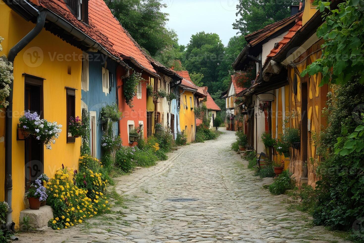 Cobblestone street winding through colorful houses in picturesque czech village photo