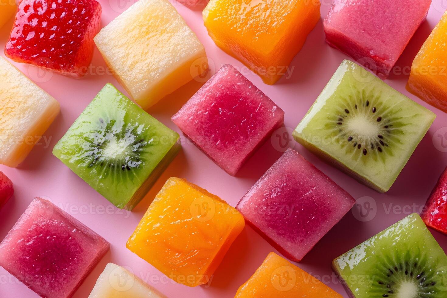 Colorful fruit cubes creating a vibrant and refreshing pattern on pink background photo
