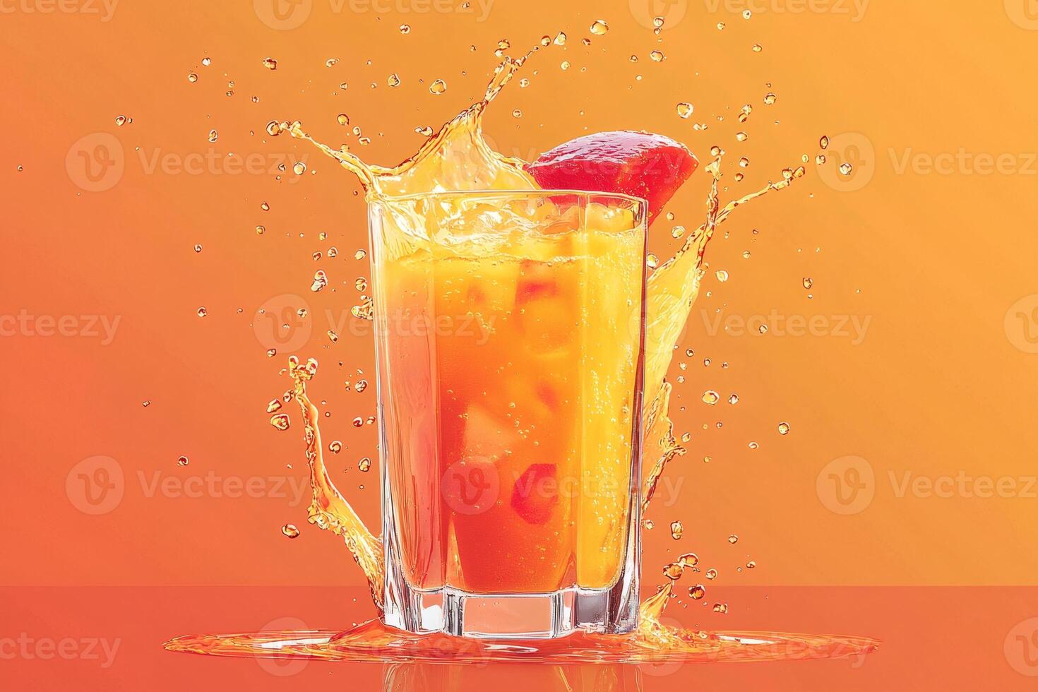 Refreshing orange cocktail splashing with grapefruit slice on vibrant background photo