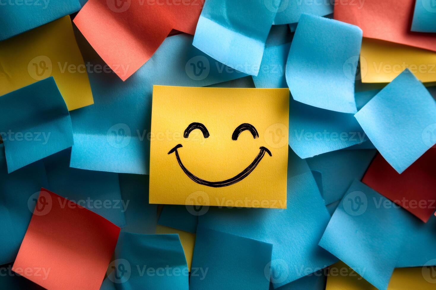 Yellow sticky note showing happy face on colorful background photo
