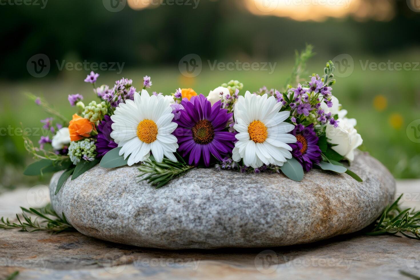 Colorful flower arrangement resting on a smooth rock in nature photo