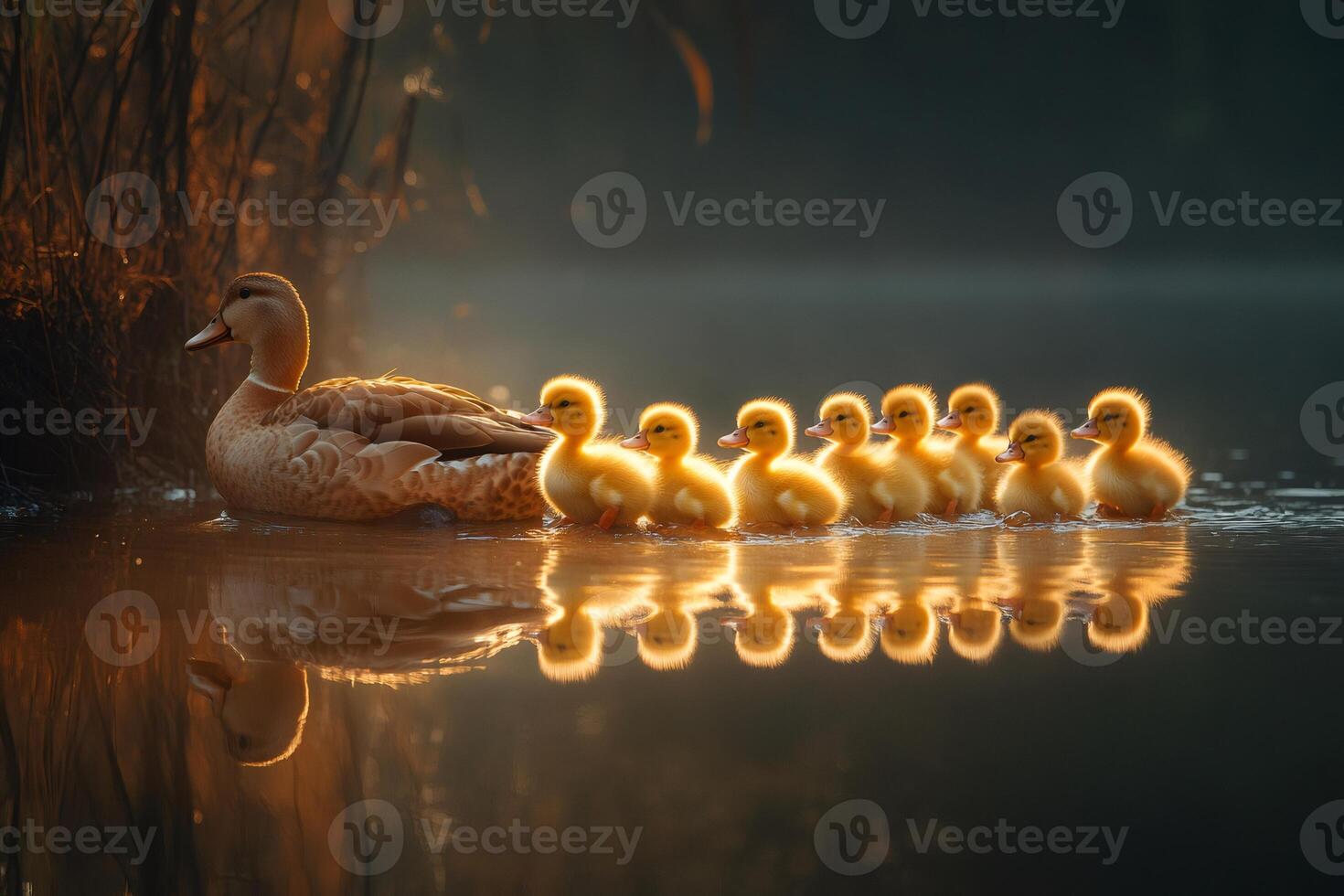 Mother duck swimming with her cute ducklings at sunrise photo