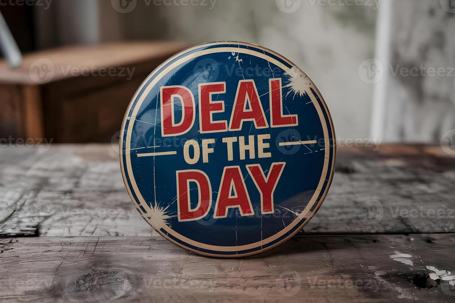 Deal of the day sign sitting on rustic wooden table photo