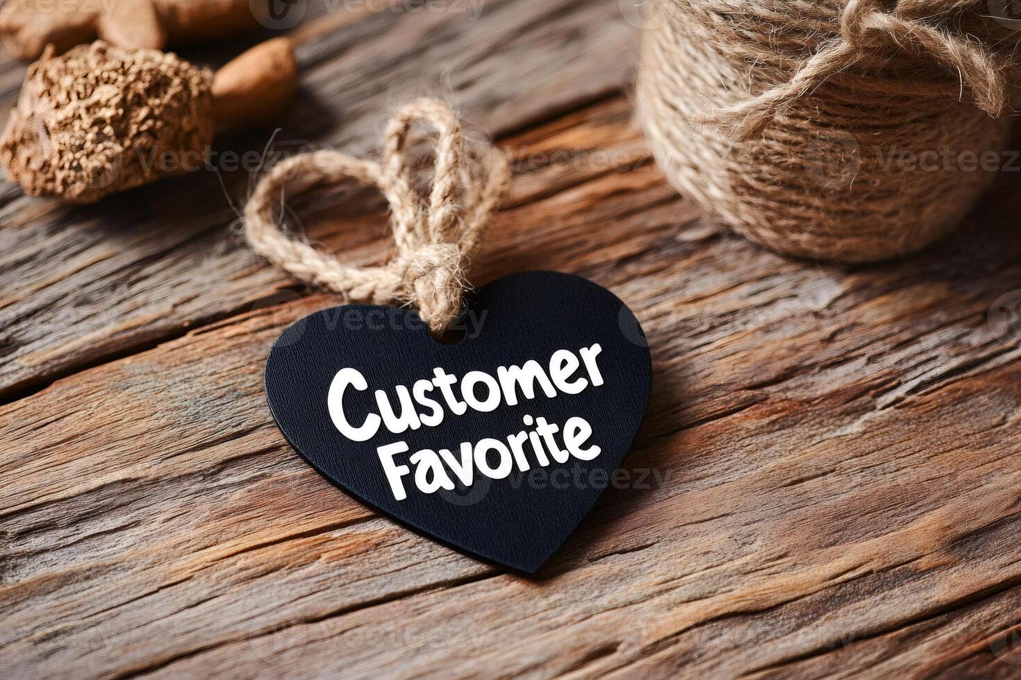 Customer favorite heart tag hanging on rustic wooden surface photo