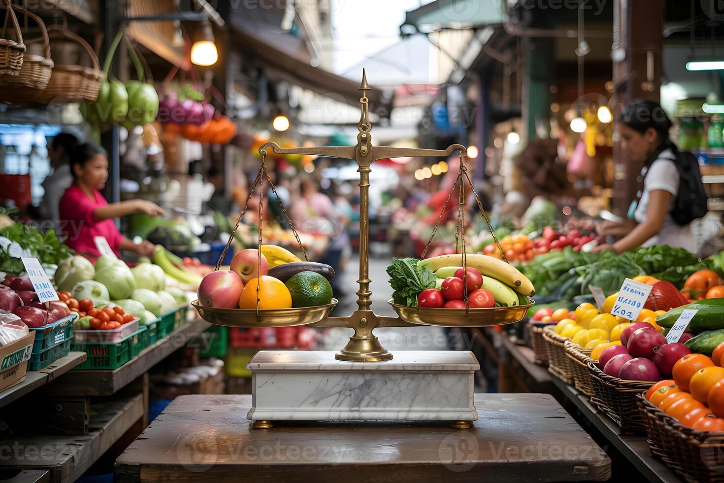 Balancing fresh produce on vintage scale at farmers market photo