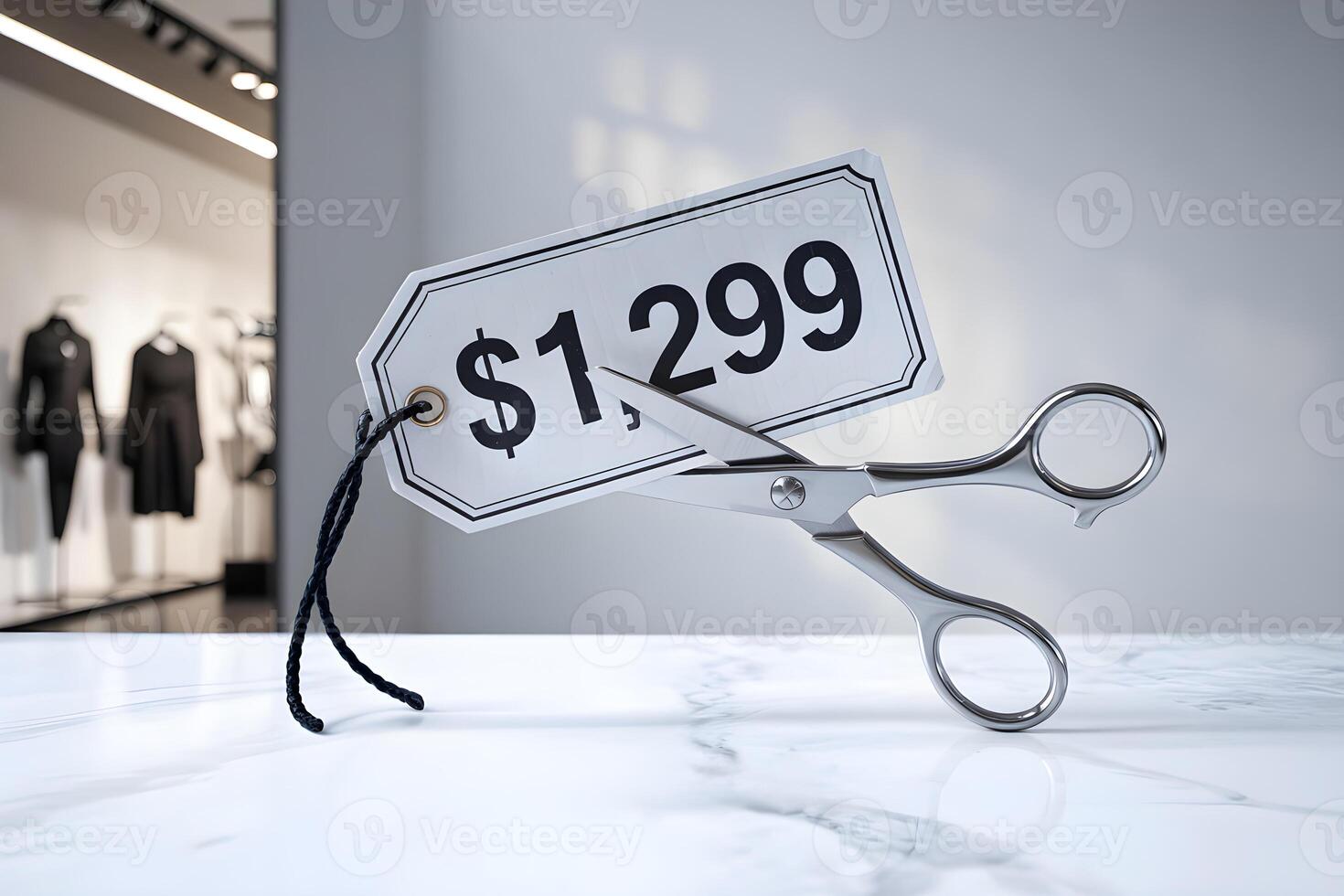 Scissors cutting price tag in a clothing store representing sales and discounts photo