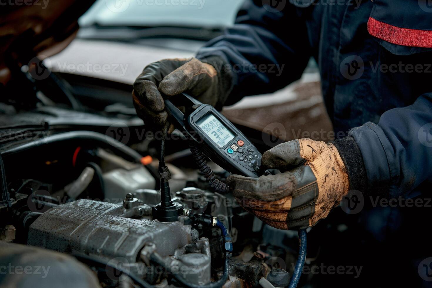 Auto mechanic using diagnostic tool checking car engine photo
