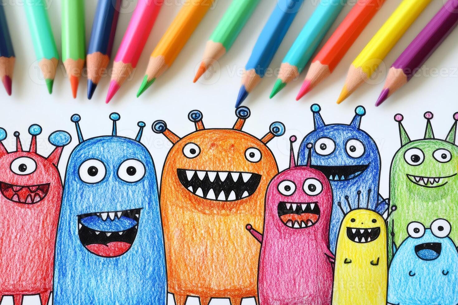 Colorful cartoon monsters smiling with colored pencils on white background photo