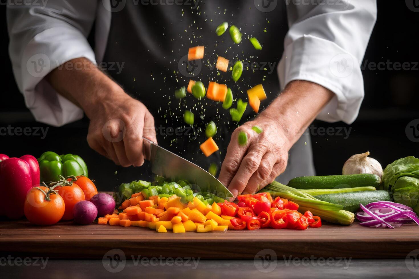 Chef cutting fresh vegetables with knife on wooden board photo
