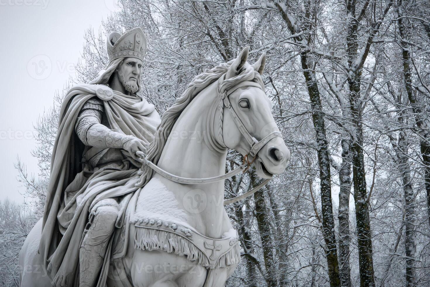 Equestrian statue of saint stephen, king of hungary, covered in snow during winter photo