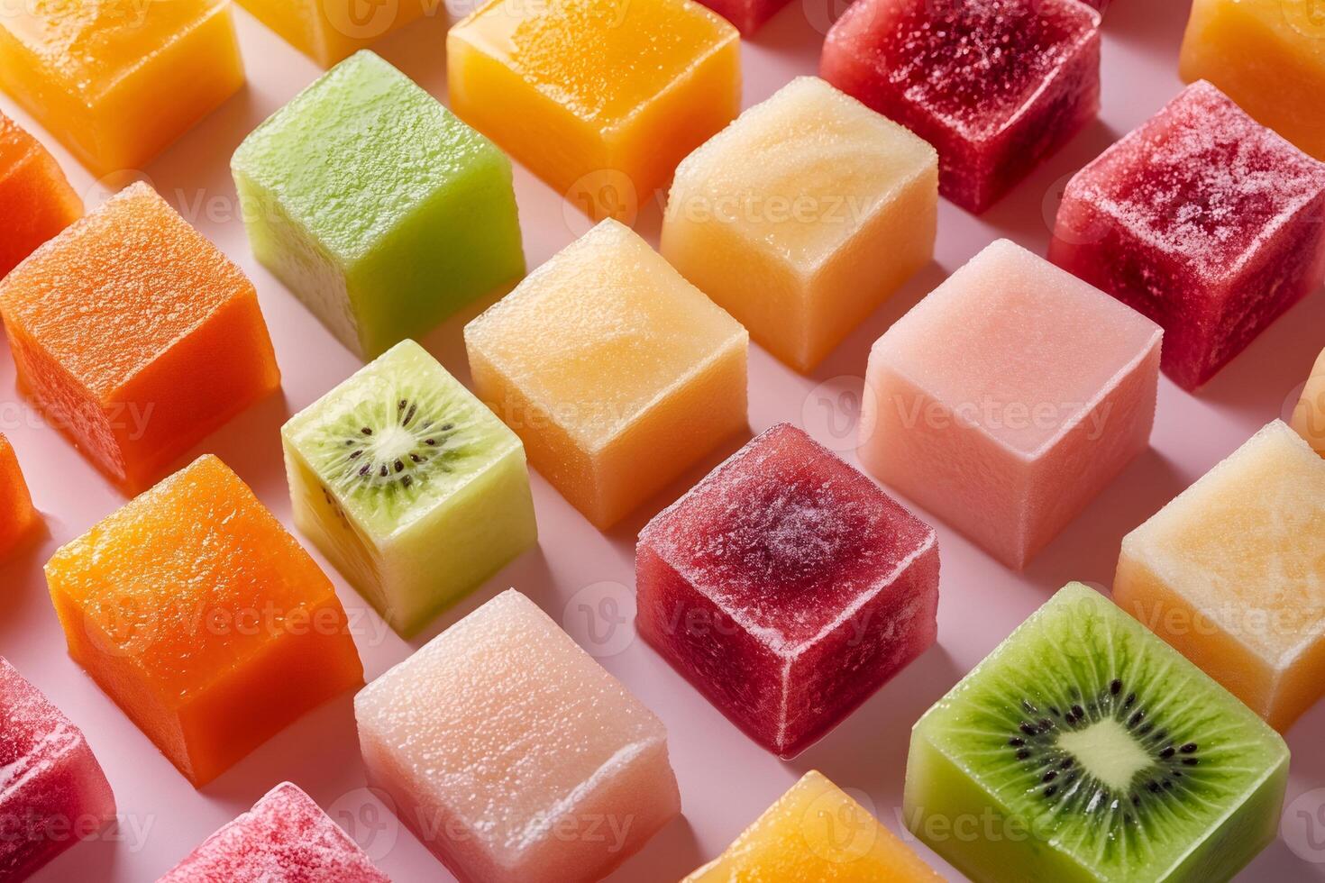 Colorful frozen fruit cubes creating a vibrant and refreshing pattern photo