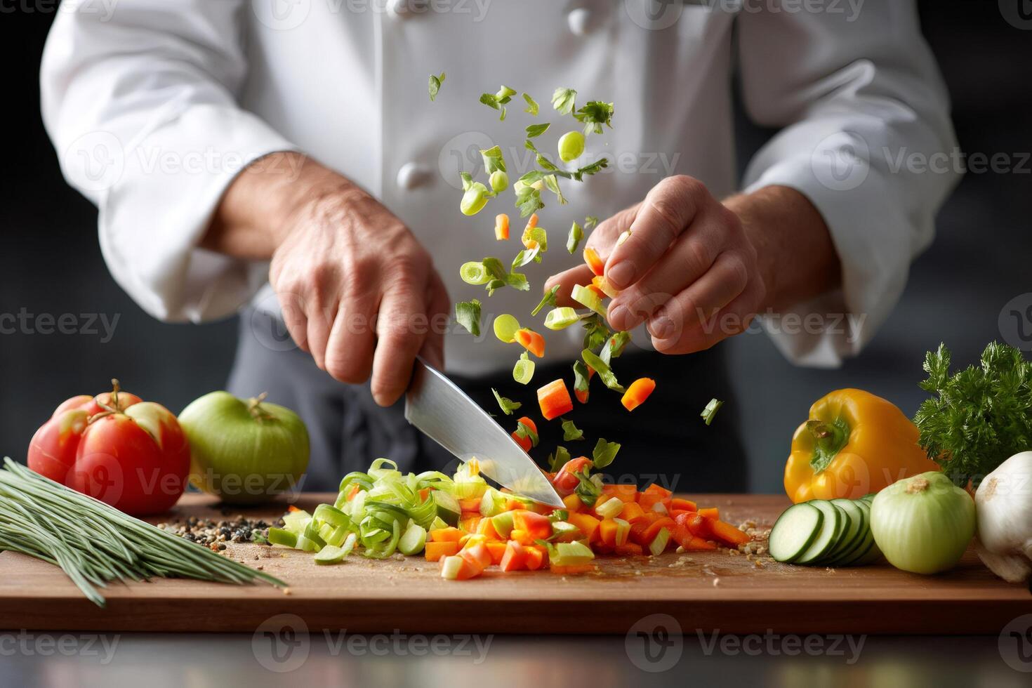 Chef adding chopped vegetables to salad while holding knife photo