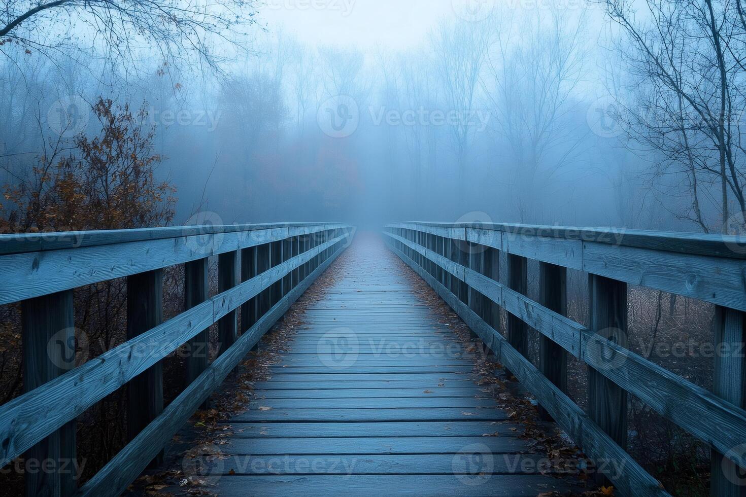 Wooden bridge disappearing into thick fog in a mysterious forest photo