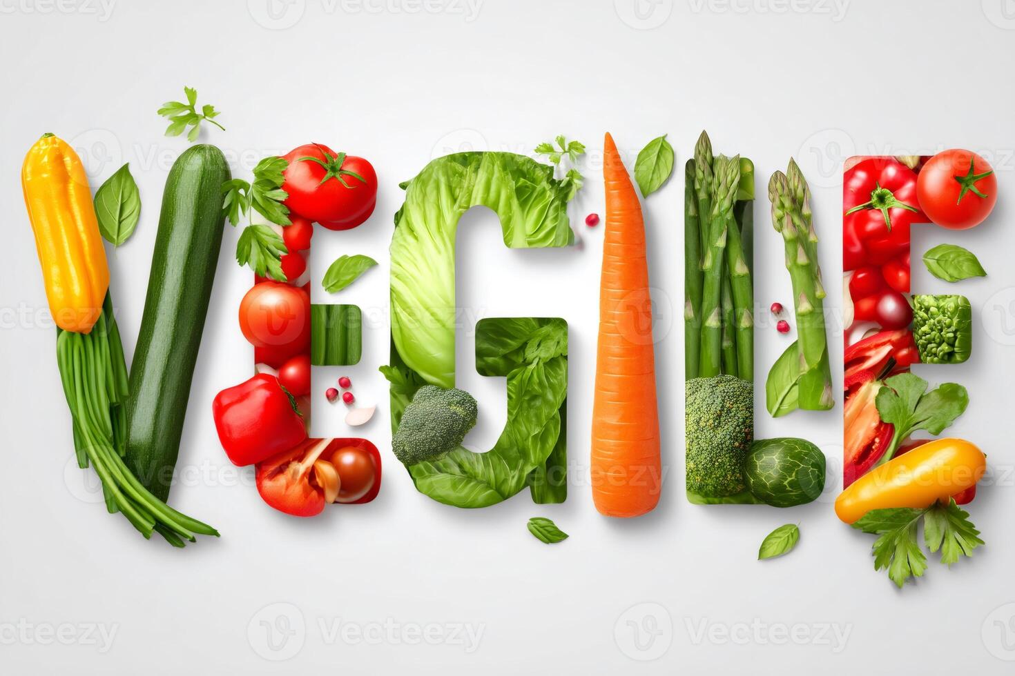 Fresh vegetables forming the word veggie on white background photo