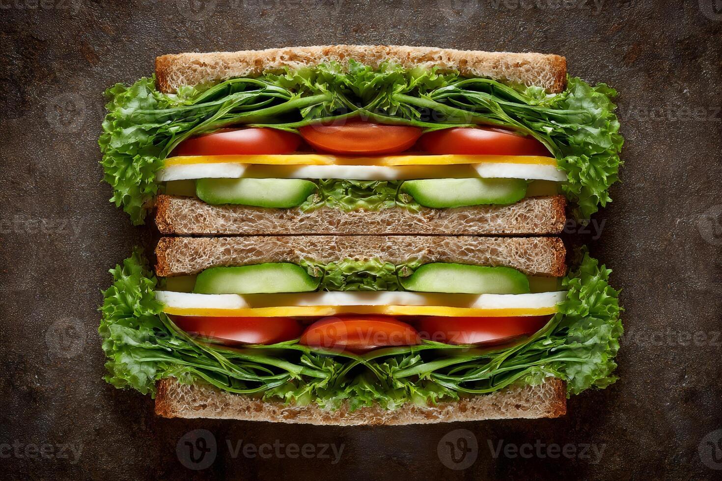 Nutritious whole wheat sandwich layered with fresh vegetables and cheese, creating a healthy and appealing meal photo