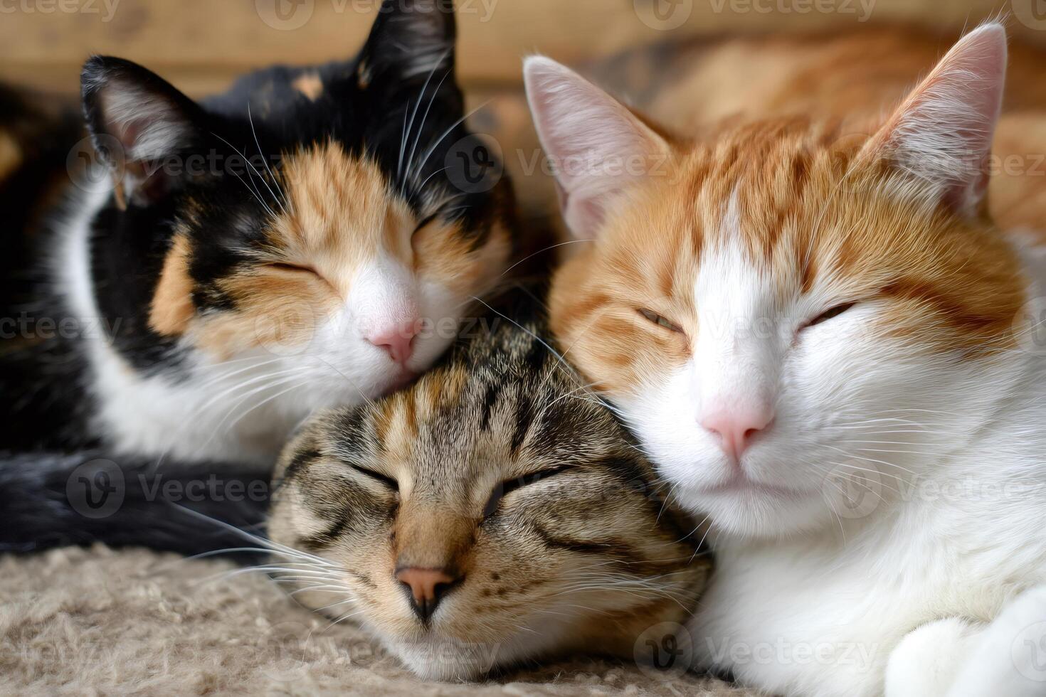 Three cats sleeping together, showing love and affection photo